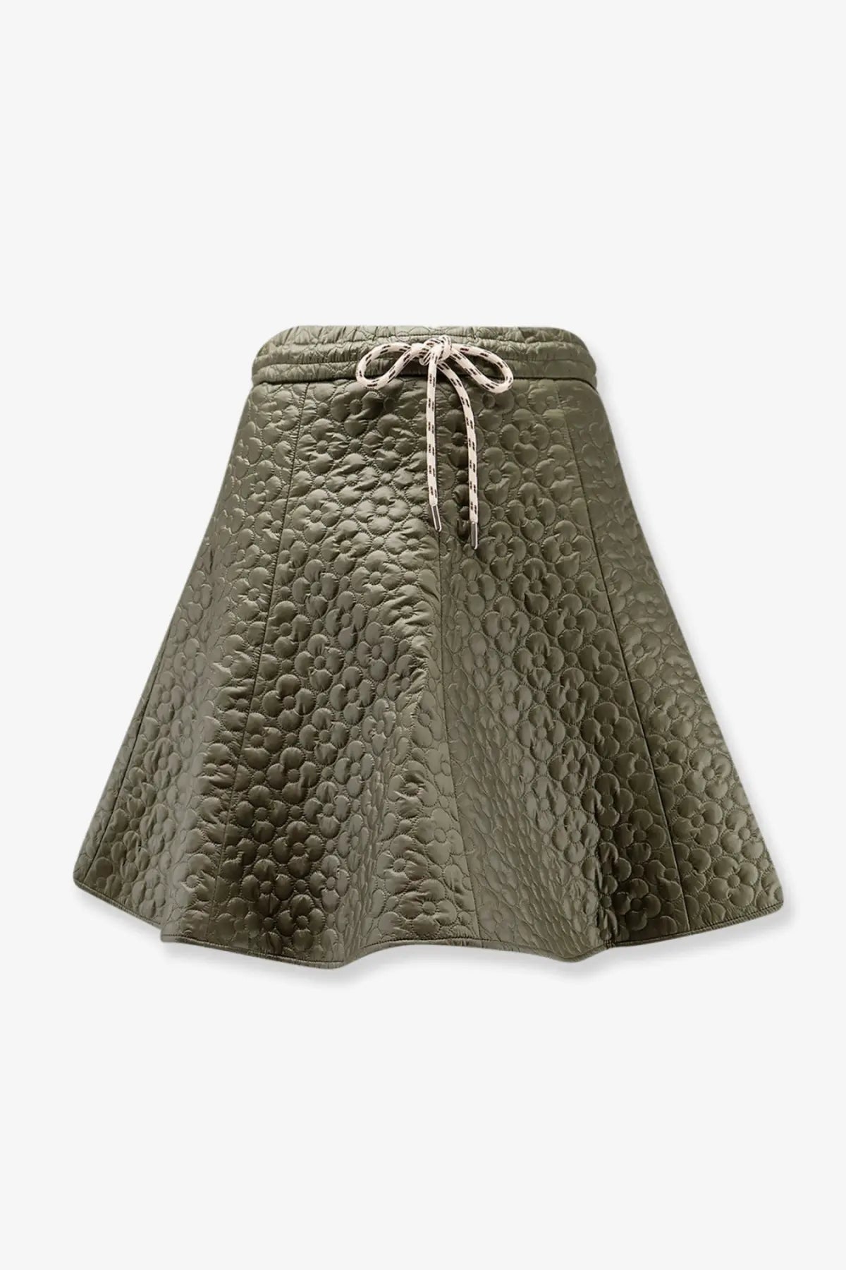 Moncler women’s olive green quilted nylon mini skirt with drawstring waistband for casual wear