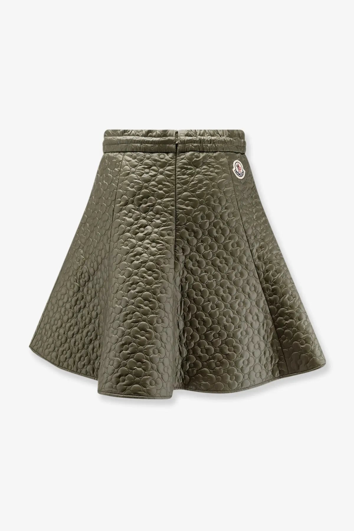 Olive green moncler women’s quilted nylon skirt with pleats and moncler logo patch on the side