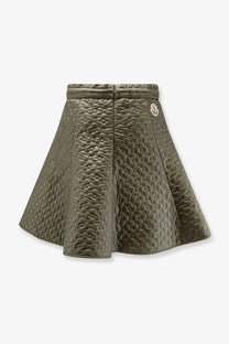 Olive green moncler women’s quilted nylon skirt with pleats and moncler logo patch on the side