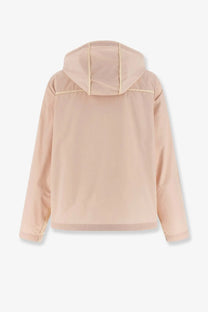 Moncler women’s sarracenia hooded jacket in beige with lightweight fabric and subtle seam detailing