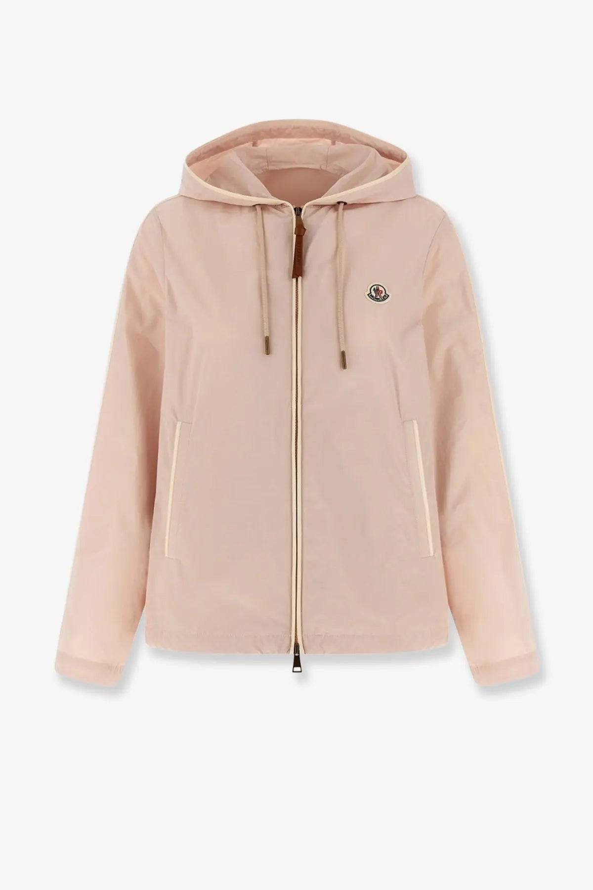 Moncler women’s sarracenia hooded jacket white in soft blush pink with zippered front drawstring hood and logo patch