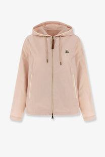Moncler women’s sarracenia hooded jacket white in soft blush pink with zippered front drawstring hood and logo patch