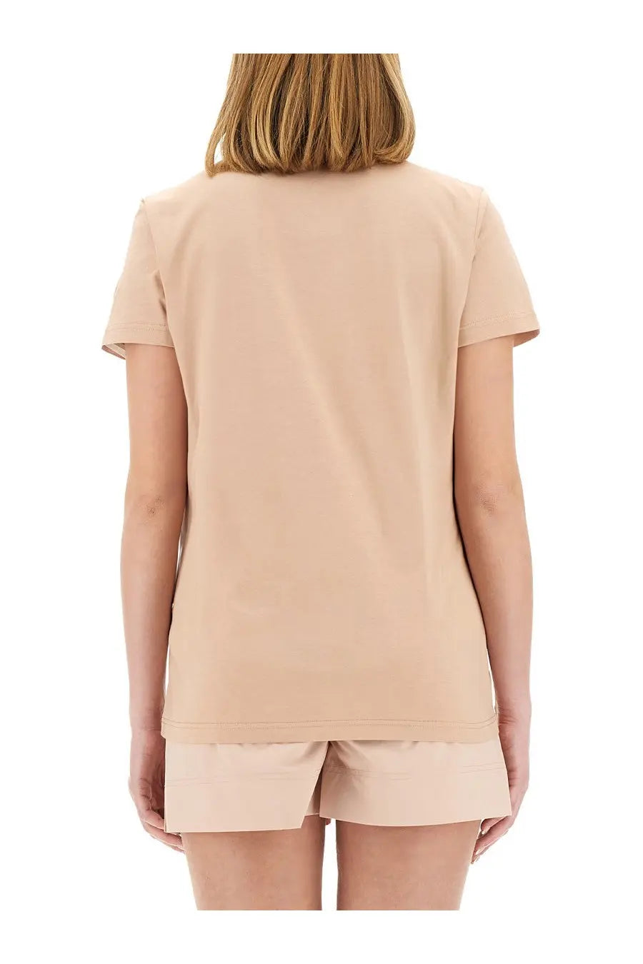 Beige short-sleeved relaxed fit shirt from Moncler womens blue collection in soft breathable fabric