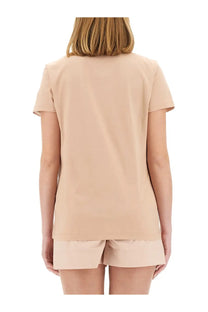 Beige short-sleeved relaxed fit shirt from Moncler womens blue collection in soft breathable fabric