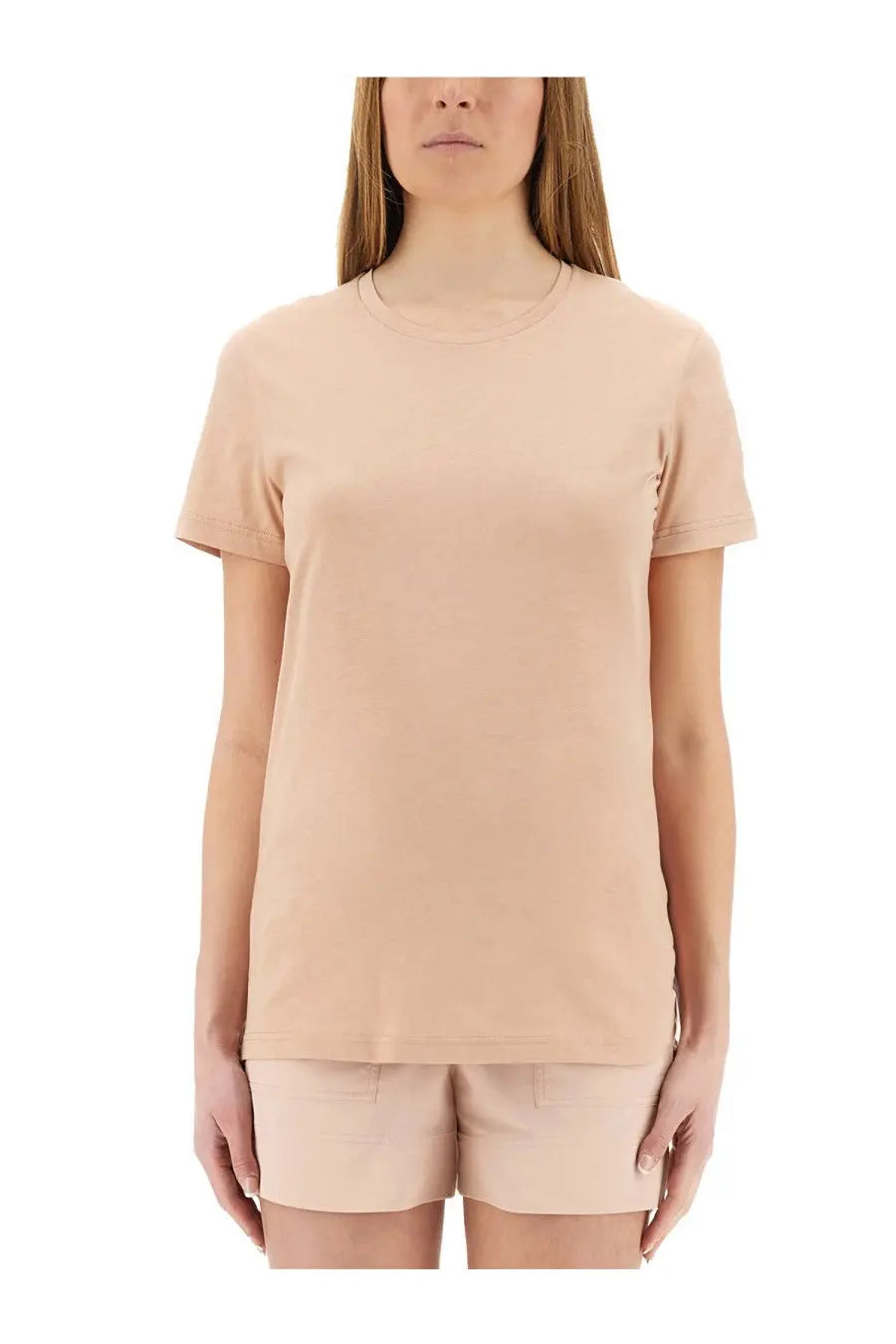 Moncler women’s soft beige minimalist short-sleeved t-shirt with classic crew neck and lightweight fabric