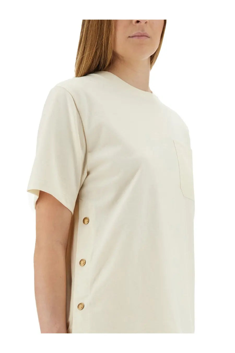 Moncler women’s cream-colored short-sleeved shirt with chest pocket and three gold-toned buttons on side seam