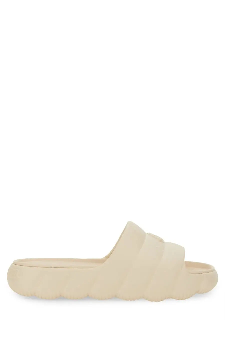 Moncler women’s slide sandal white with cream-colored chunky sole and three overlapping soft rubber-like straps