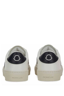 Moncler women’s sneaker white in white leather with black rubber heel tabs and white embroidered logo on the back