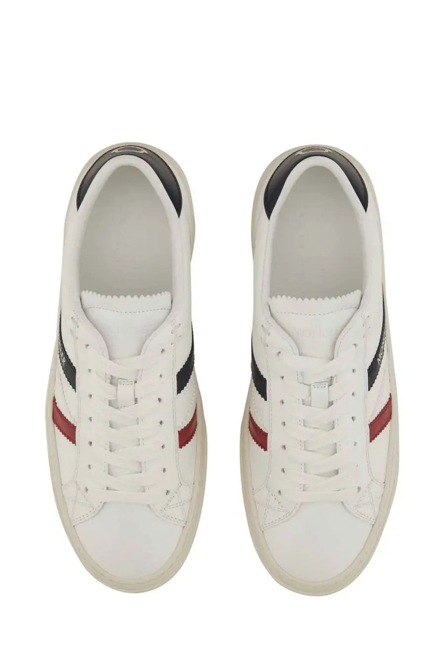 Moncler women’s white leather sneakers with black and red stripes in a classic low-top design