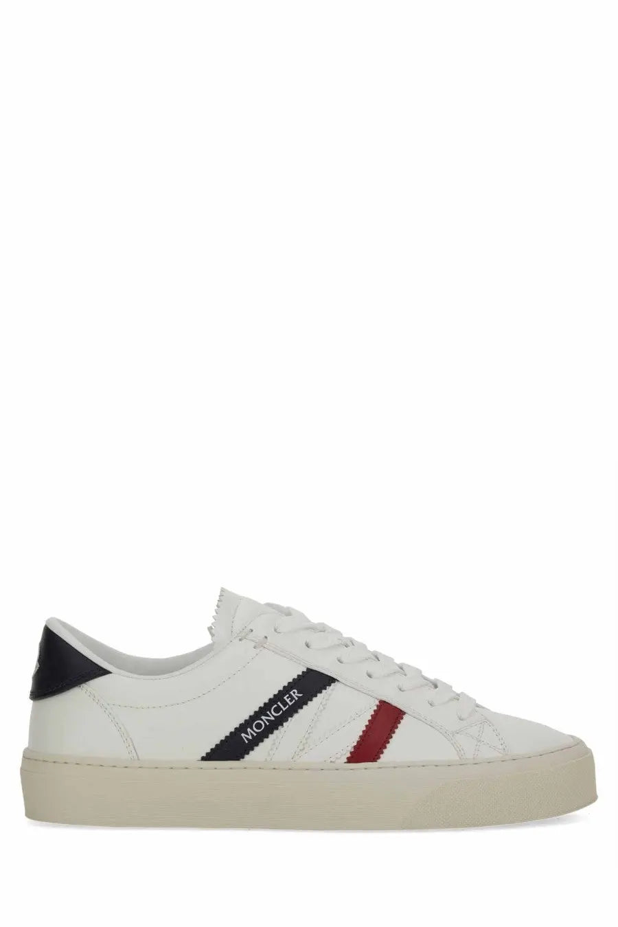 Moncler women’s white low-top sneaker with black and red striped accents on the side for casual wear
