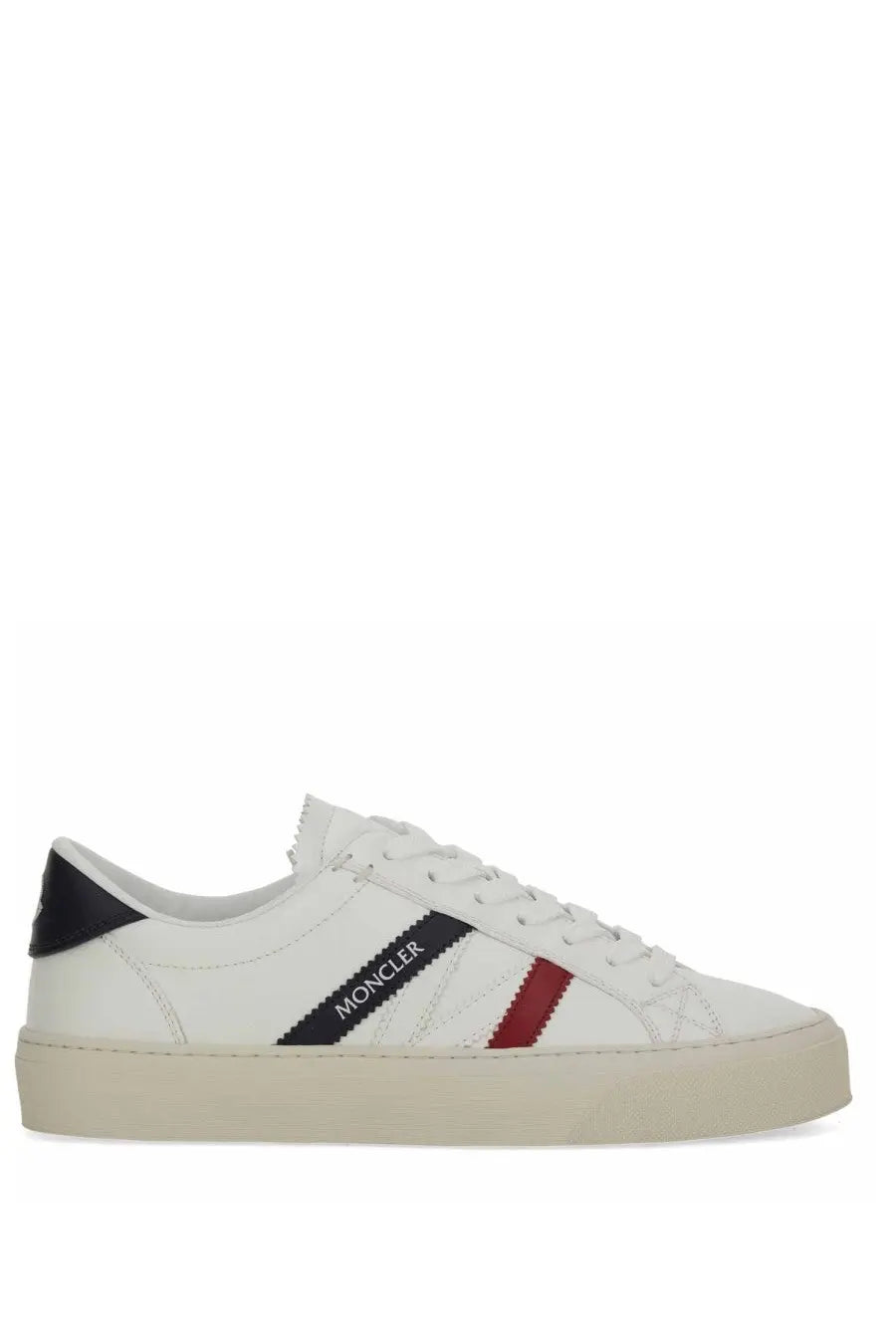 Moncler women’s white low-top sneaker with black and red striped accents on the side for casual wear