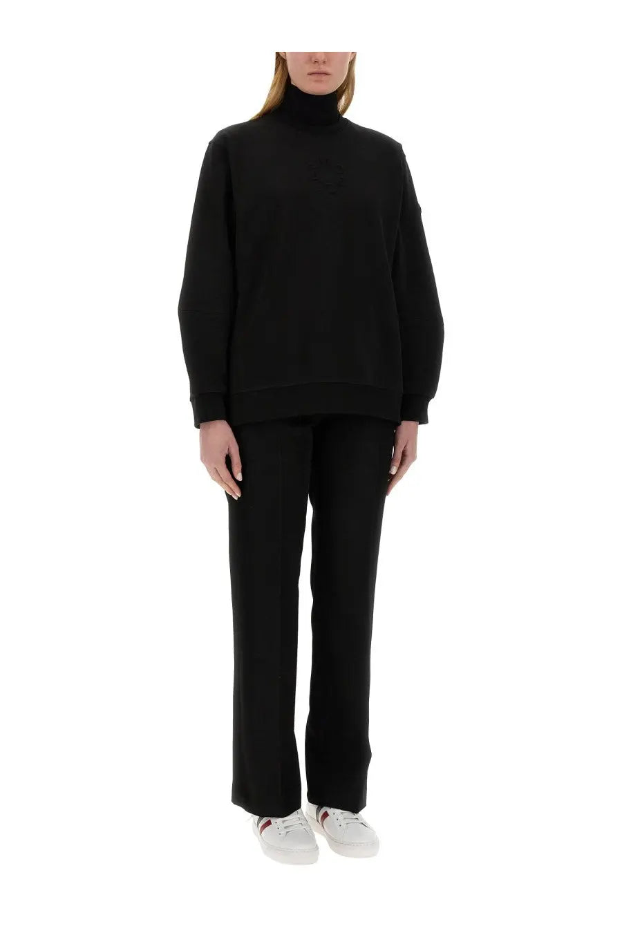 Moncler women’s black sweatshirt with high neck long sleeves and ribbed cuffs made from soft fabric