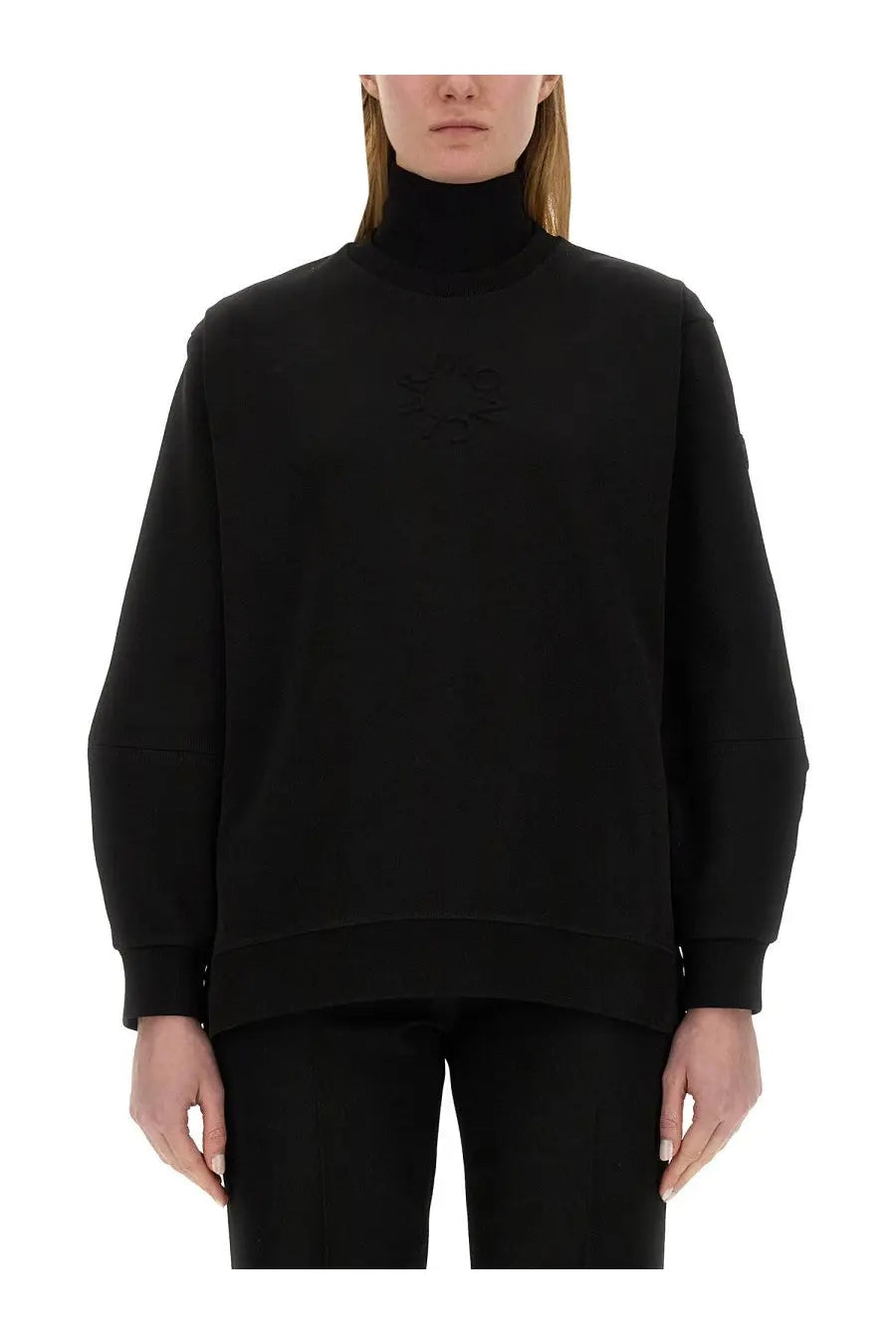 Moncler women’s black high-neck sweatshirt with subtle embroidered logo on chest made from soft fabric