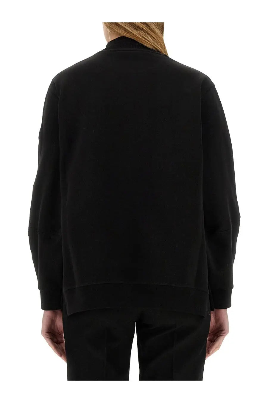 Moncler women’s sweatshirt black long-sleeved bomber jacket with high collar and ribbed cuffs in front view