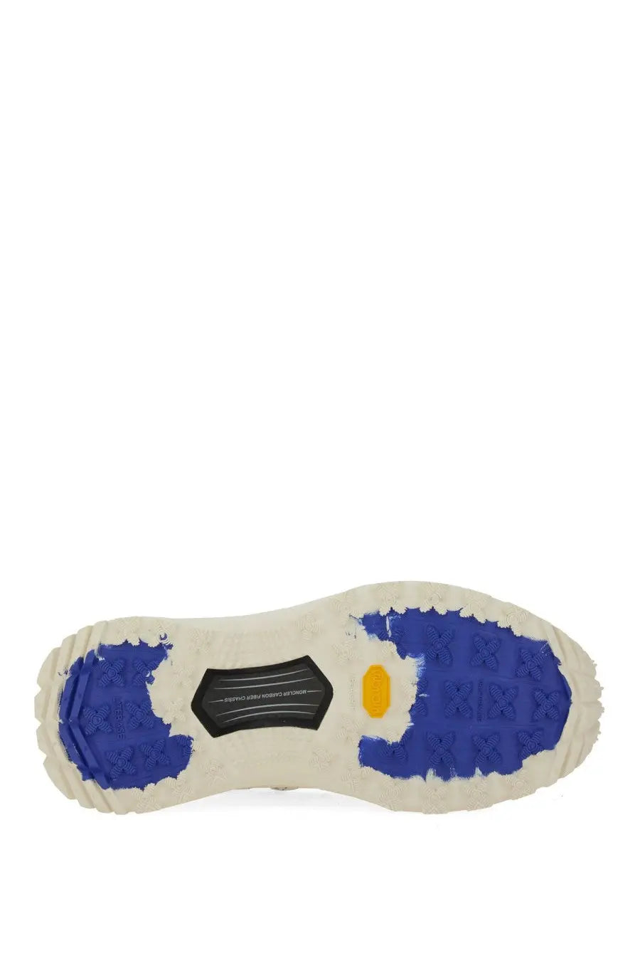 Moncler women’s trailgrip lite sneaker beige with blue and white rubber sole featuring black hexagonal logo and orange accent