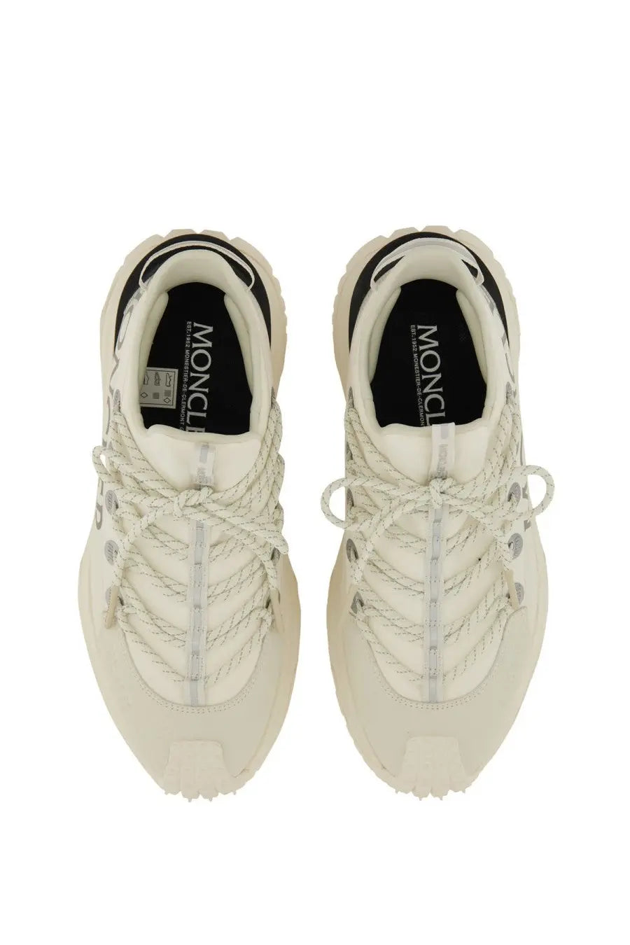 Moncler women’s trailgrip lite sneaker beige with cream color, thick textured laces, and rugged sole for outdoor use