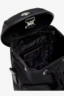 Moncler women’s trick black nylon crossbody bag with silver metal hardware and branded leather patch inside