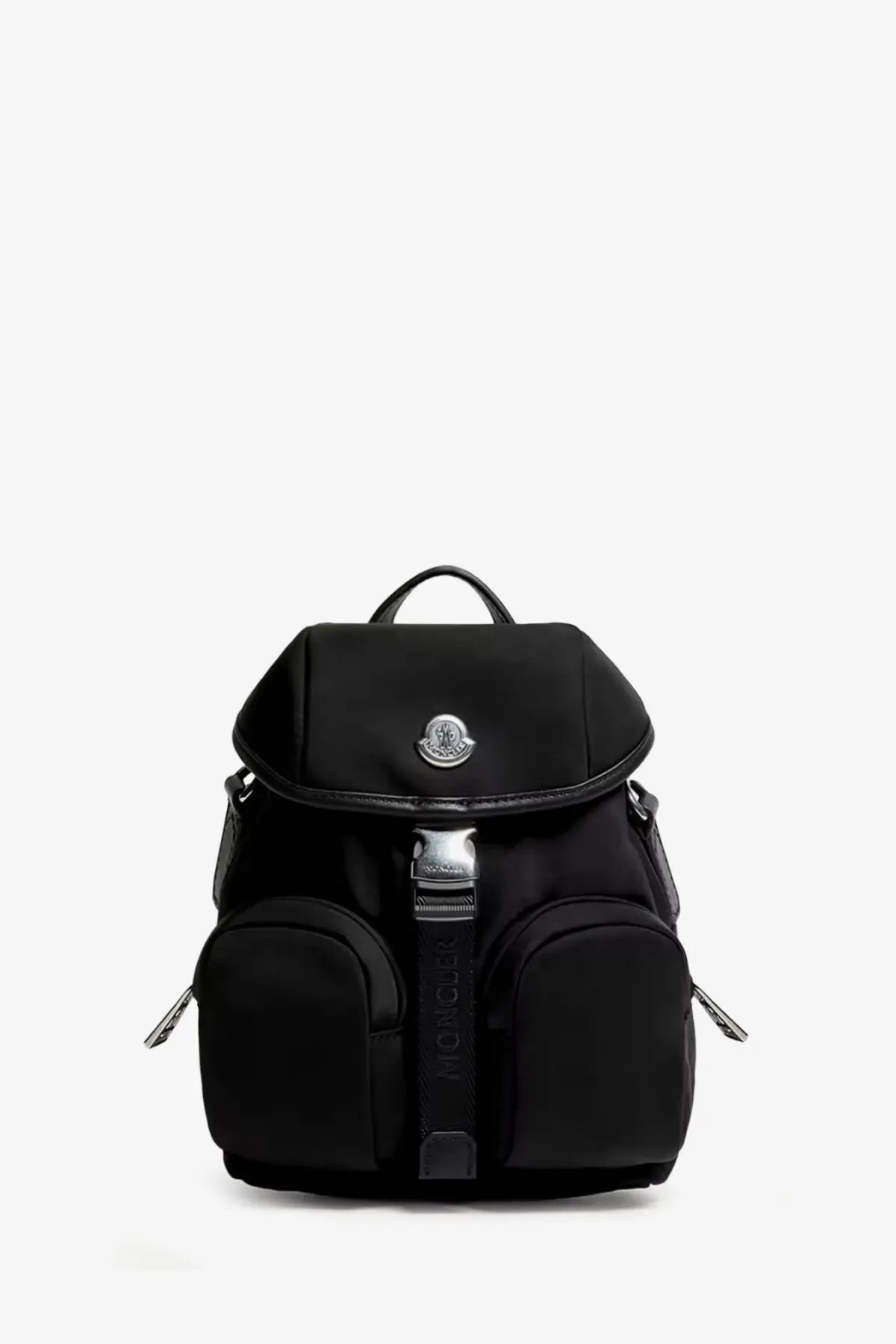 Moncler women’s trick black nylon crossbody bag with sleek exterior and silver-toned logo and hardware accents