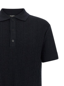 Balmain Monogram Knit Polo Shirt Blue