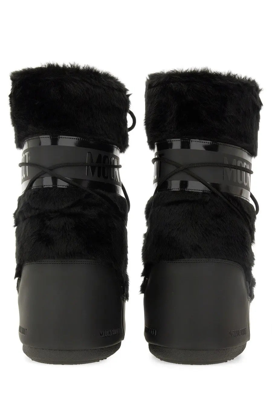 Moon Boot unisex icon boot black with plush fur trim and glossy patent leather accents for winter wear