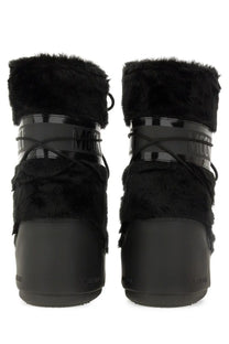 Moon Boot unisex icon boot black with plush fur trim and glossy patent leather accents for winter wear