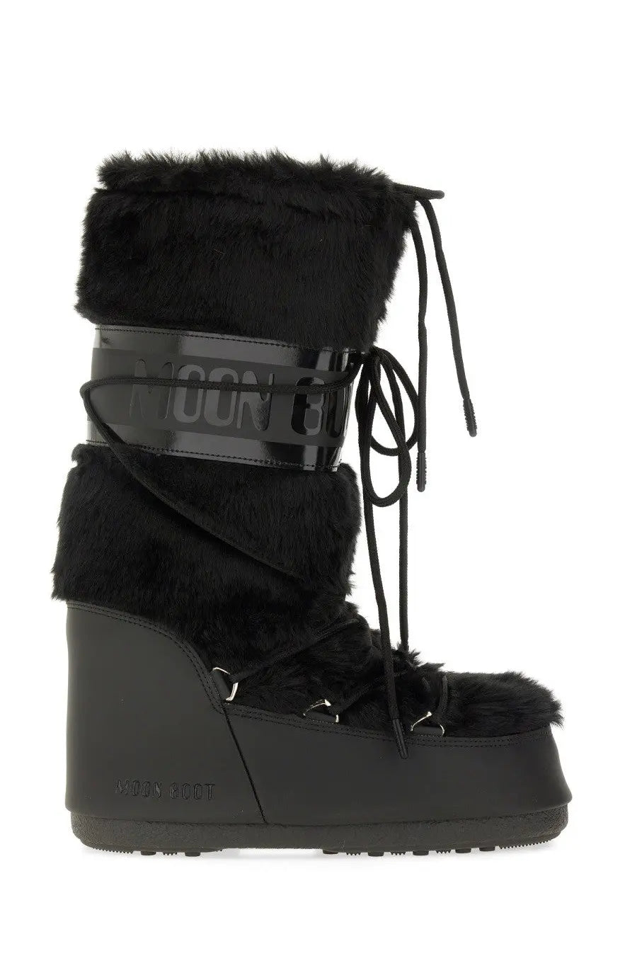 Black moon boot unisex icon boot with plush fur trim and glossy patent leather strap in black