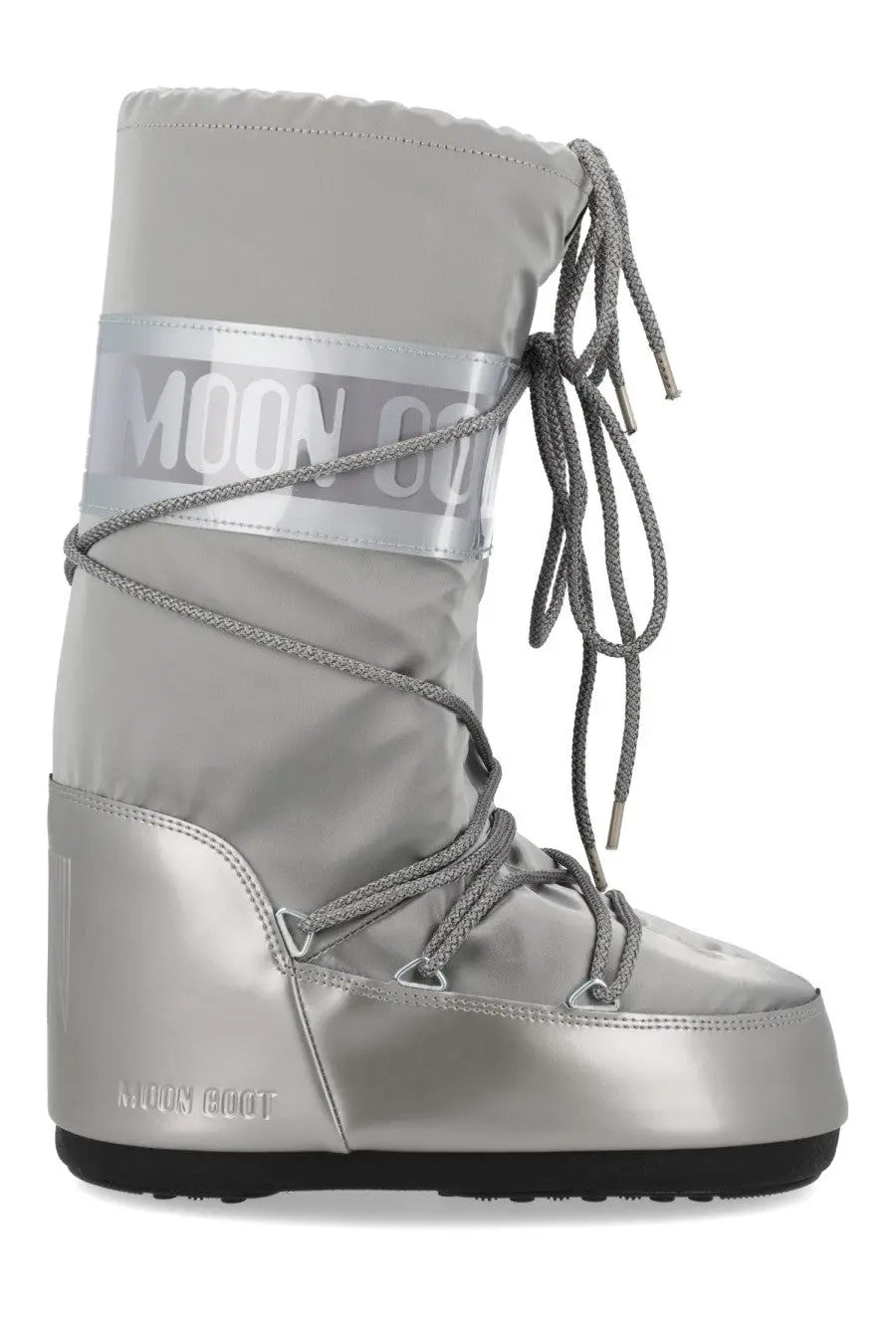 Silver metallic moon boot with reflective branding and gray laces from moon boot unisex icon glance collection
