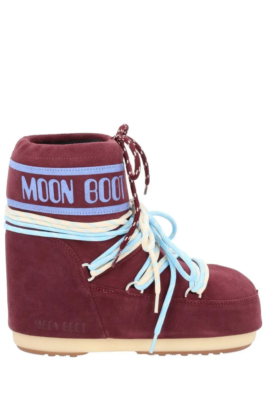 Moon Boot unisex low boot in maroon suede with light blue and cream laces and a matching logo band