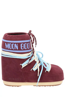 Moon boot unisex icon low red suede boot with light blue and cream laces and matching logo band