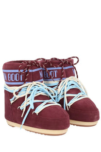Moon boot unisex boot icon low red in maroon suede with light blue and white laces for cold weather use