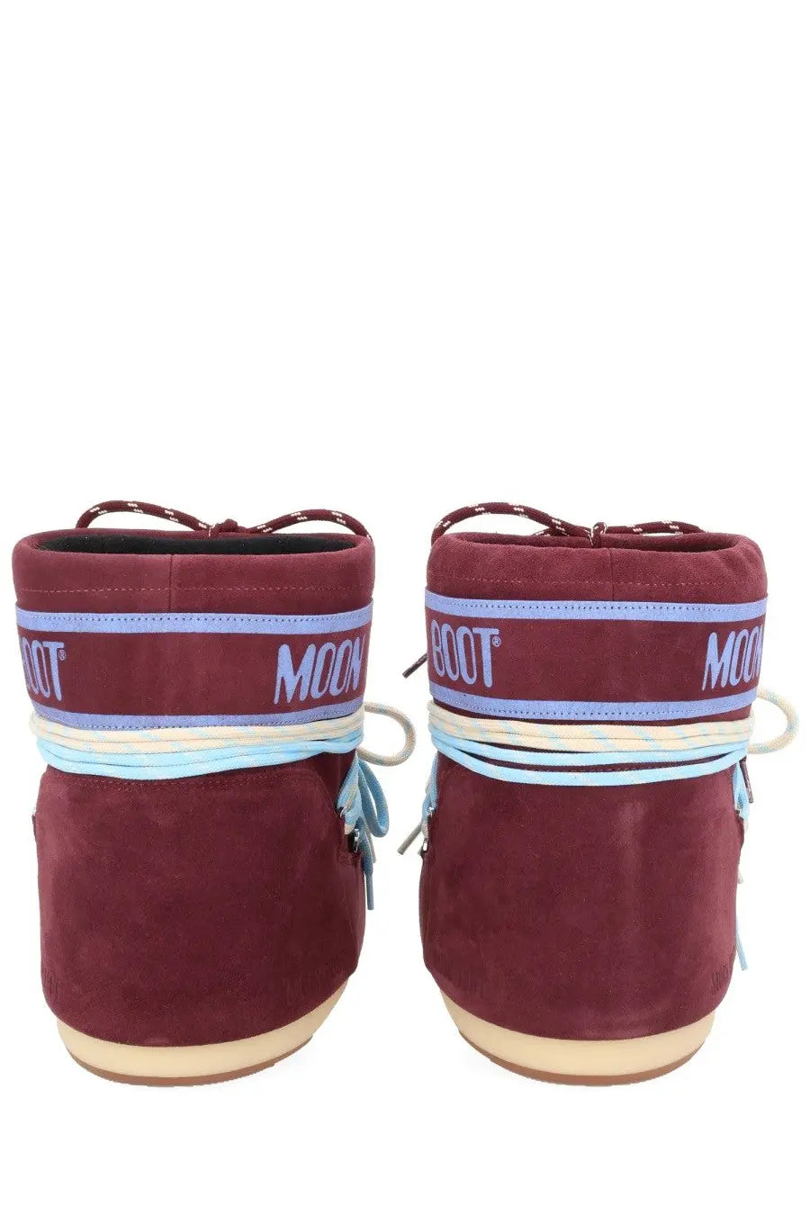 Moon boot unisex boot icon low red in maroon suede with light blue and white striped accents