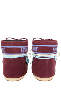 Moon boot unisex boot icon low red in maroon suede with light blue and white striped accents