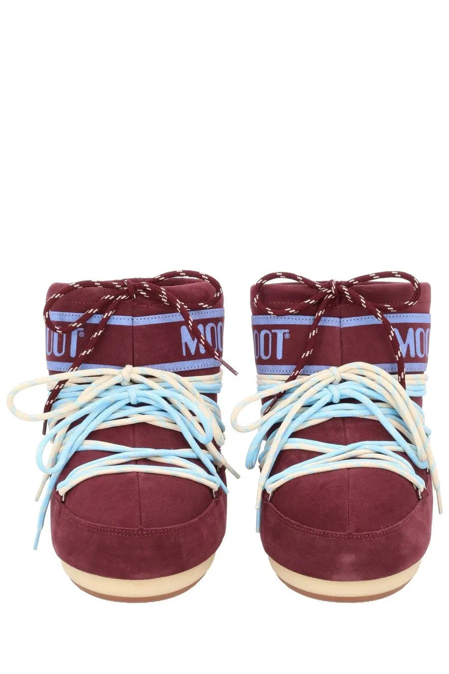 Maroon suede moon boot snow boots with light blue and white laces in the moon boot unisex boot icon low red style