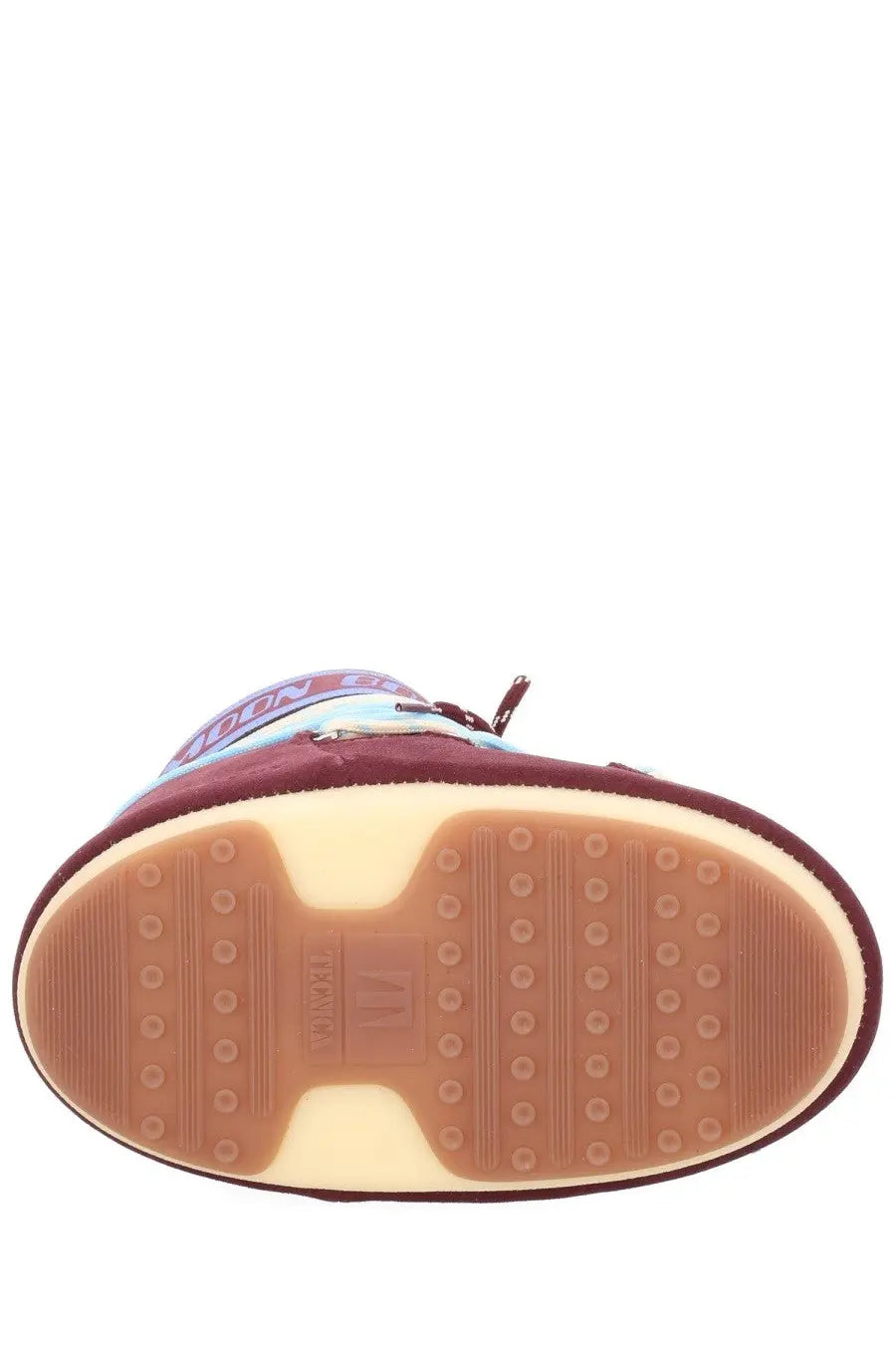 Moon Boot unisex low icon boot in maroon suede with tan rubber sole and colorful upper design