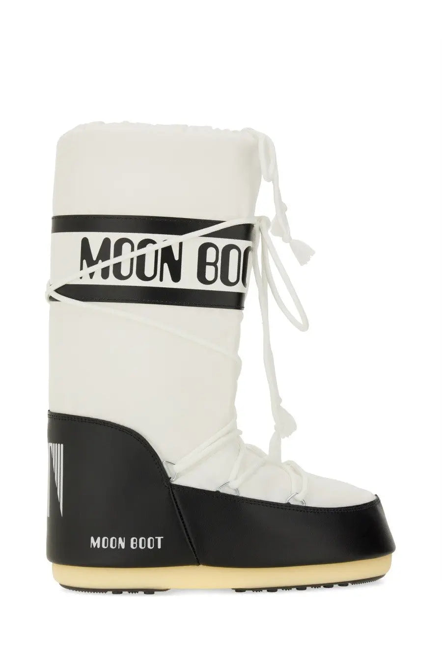 White and black moon boot unisex icon boot with bold logo band sleek synthetic upper and rubber sole