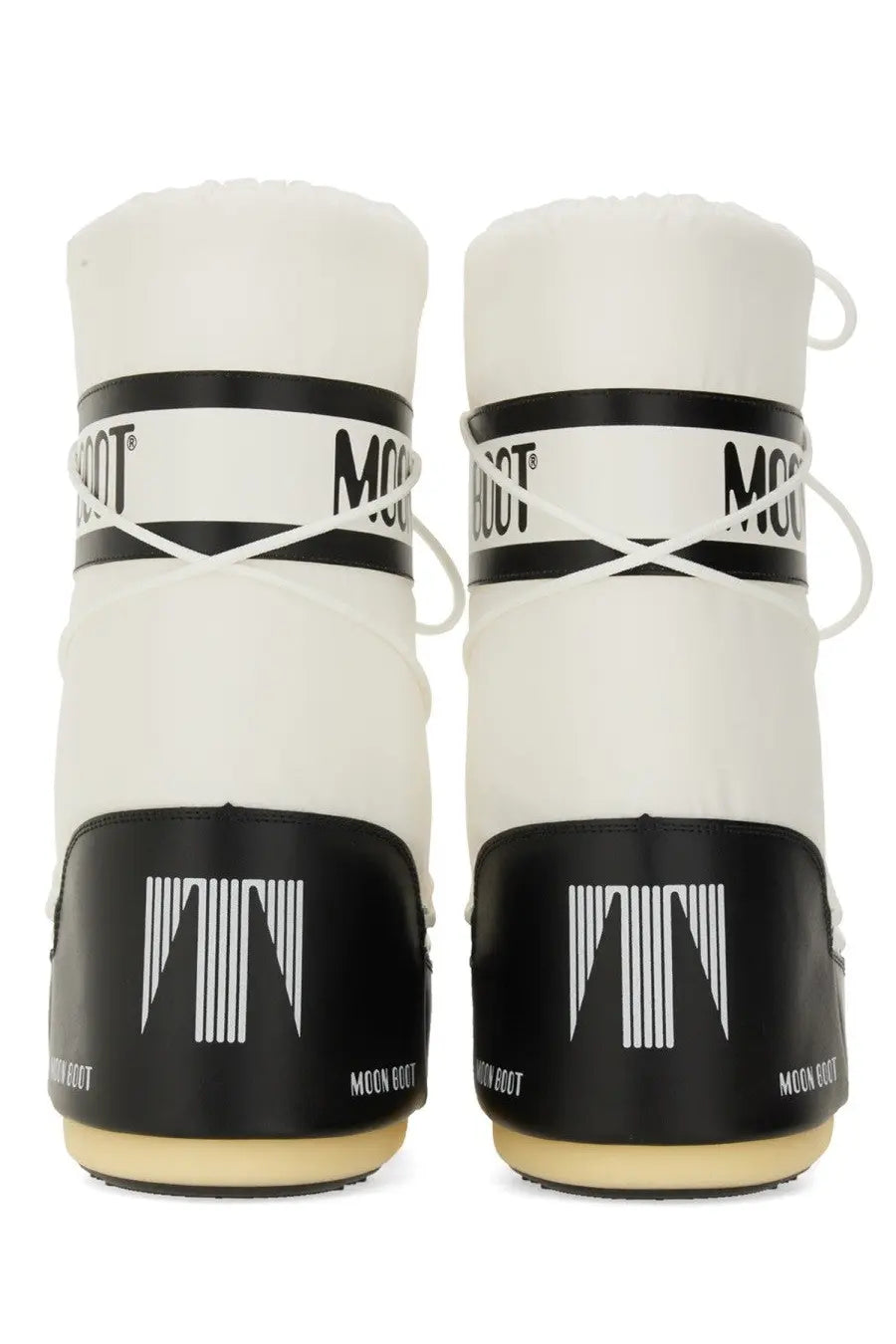 White and black moon boot unisex icon boot snow boots with sleek minimalist design and bold side branding
