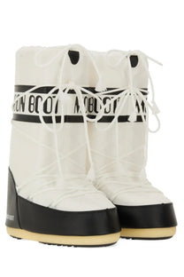 Moon Boot unisex icon boot snow boots in white with black accents featuring a bold moon boot logo band