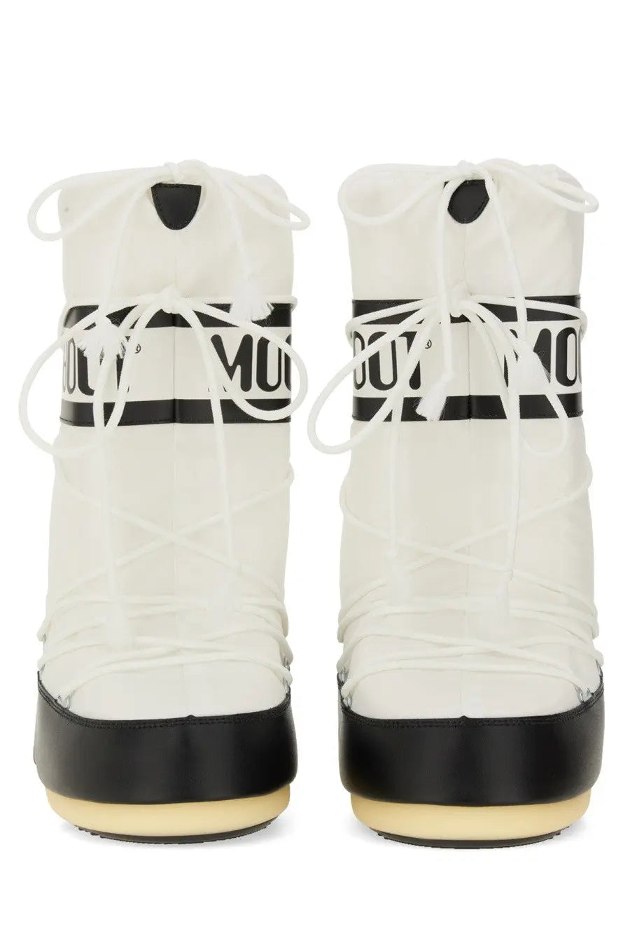 White moon boot snow boots with black accents and mont logo band unisex icon boot multicolor design