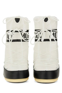 White moon boot snow boots with black accents and mont logo band unisex icon boot multicolor design