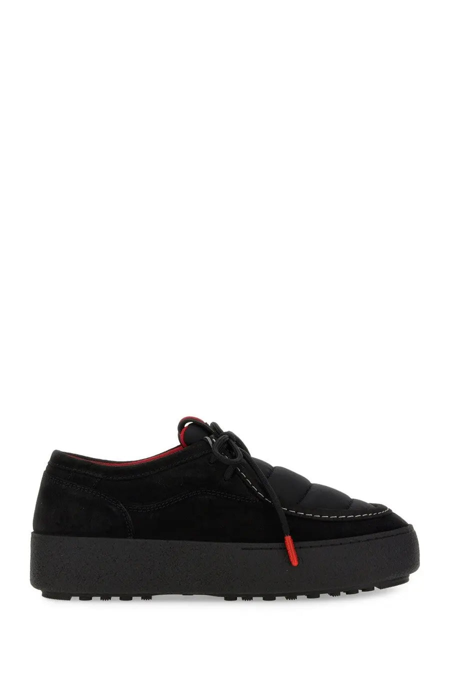 Black suede moon boot unisex mtrack wallaby low sneaker with quilted detailing red lining red laces and chunky sole