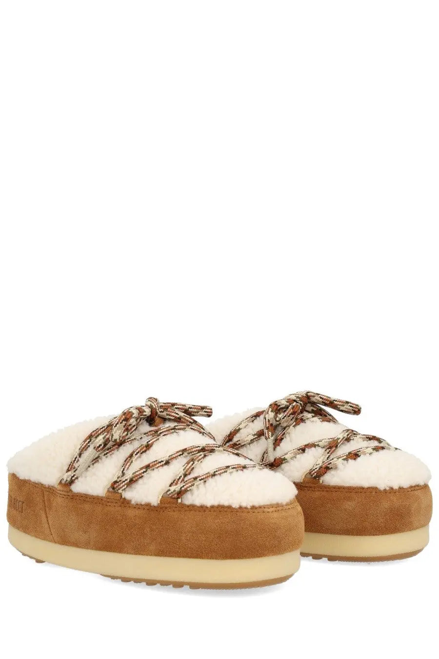 Moon Boot unisex shearling evx mules in brown suede with white shearling and multicolor patterned laces