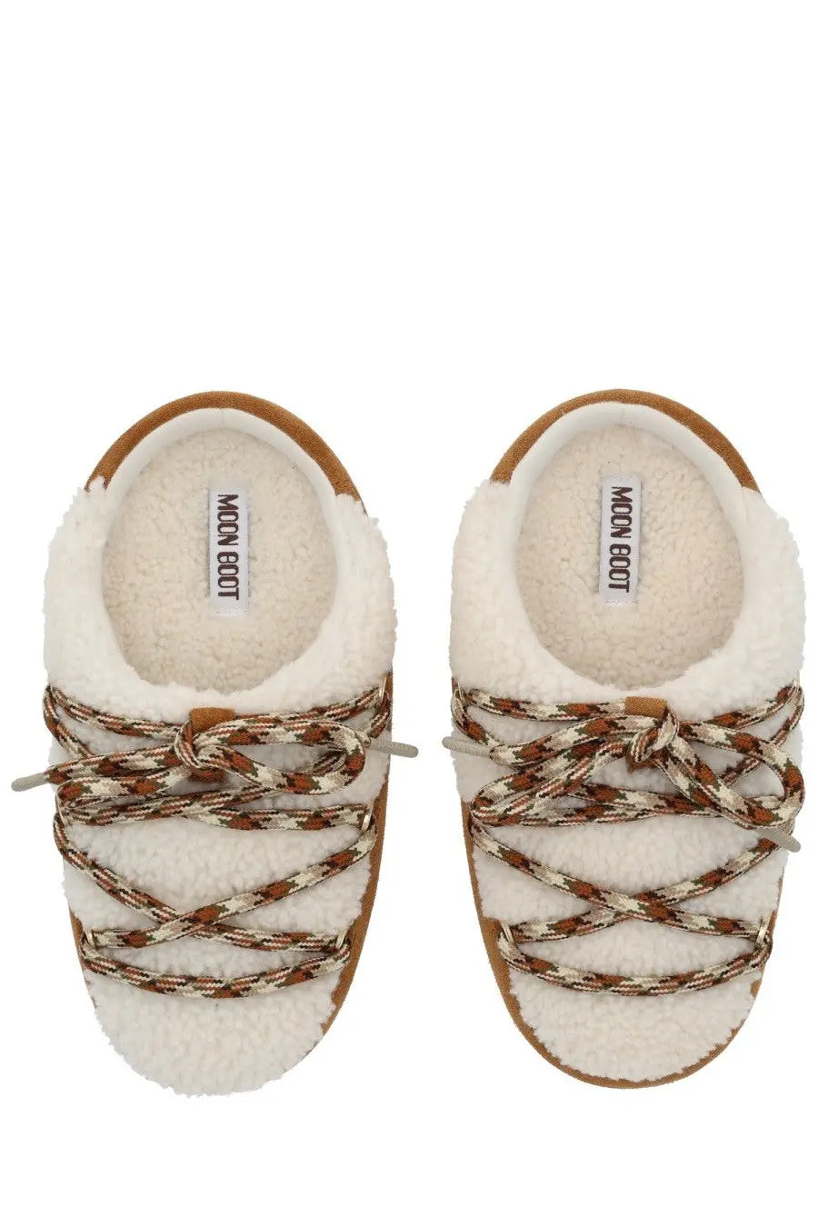 Cream-colored unisex shearling slip-on mules with brown beige laces and tan rubber sole by moon boot