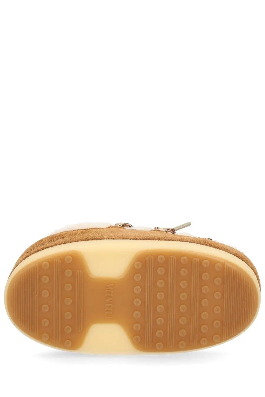 Tan suede moon boot unisex shearling evx mules with soft plush interior and rubber sole with circular tread patterns