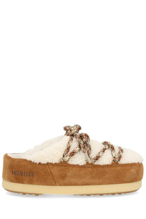 Tan suede moon boot unisex shearling evx mules with white shearling lining and patterned laces