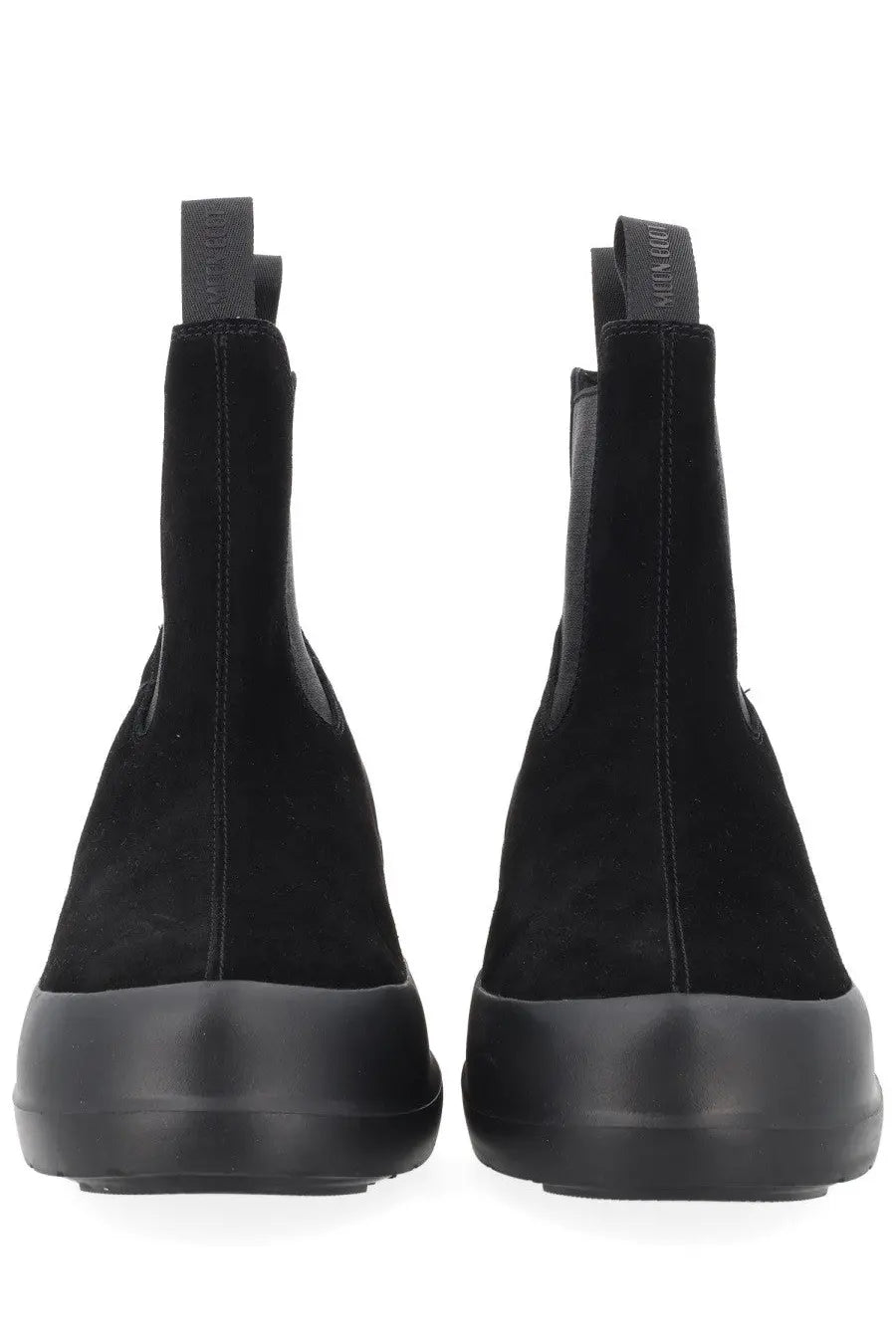 Moon boot women’s chelsea boot moon black shown from back featuring black suede, chunky rubber sole, and pull tabs