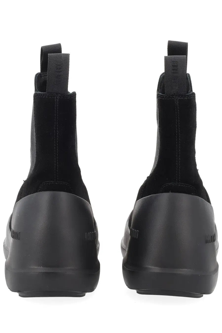 Moon Boot women’s Chelsea boot moon black in black suede with chunky rubber sole and pull tabs visible from the back side