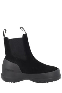 Moon Boot women’s chelsea boot in black suede with chunky rubber sole and elastic side panels