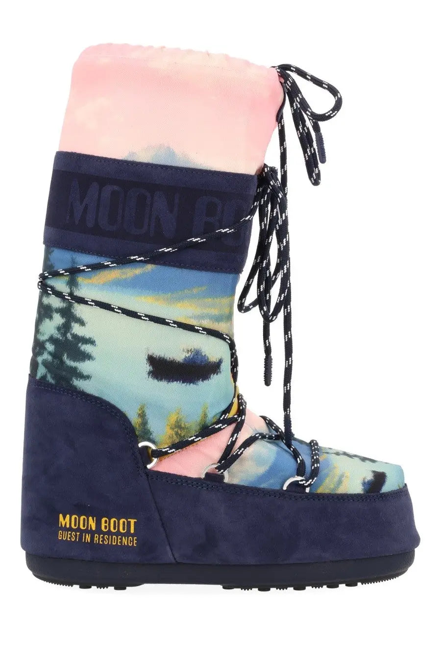 Moon Boot women’s navy blue suede moon boot with pink landscape-print upper black laces and branding