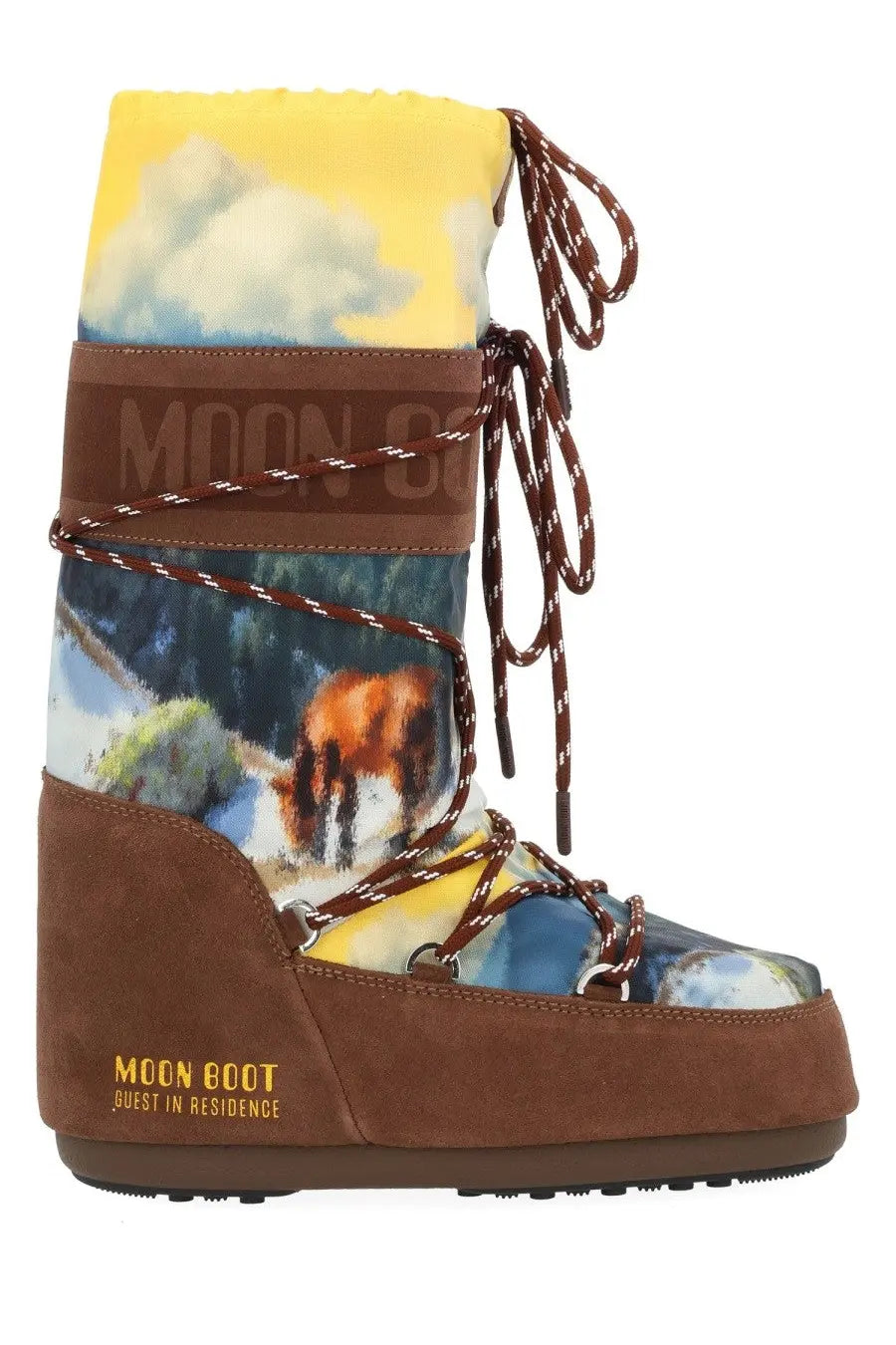 Moon boot women’s brown suede moon boot guest in residence with scenic horse and clouds landscape print on upper