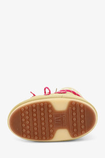 Beige moon boot women’s icon low suede boot with pink laces and brown rubber sole featuring moon boot logo